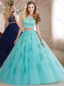 Discount Two Pieces See Through Scoop Beaded and Applique Quinceanera Gown in Aqua Blue