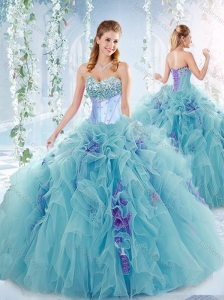 Exquisite Beaded Bust and Ruffled Detachable Quinceanera Skirts in Aqua Blue