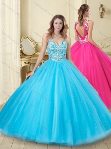 See Through Beaded V Neck Really Puffy Sweet 16 Dress with Backless