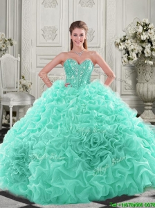 Unique Puffy Skirt Visible Boning Apple Green Quinceanera Dresses with Beading and Ruffles