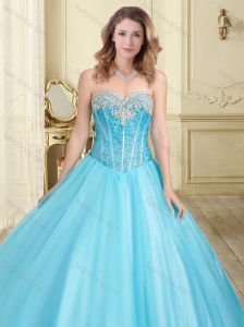 Visible Boning Really Puffy Beaded 15 Quinceanera Dress in Aque Blue