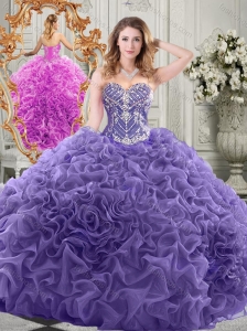 Elegant Chapel Train Lavender Quinceanera Gown with Beading and Ruffles