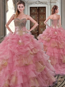 Gorgeous Beaded and Ruffled Big Puffy Quinceanera Dress in Watermelon Red and Gold