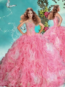 Gorgeous Rose Pink Brush Train Perfect Quinceanera Dress in Rolling Flowers