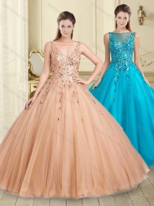 Latest Bateau Sequined Decorated Bodice Quinceanera Dress in Champagne