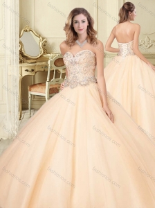 Lovely Big Puffy Champagne Perfect Quinceanera Dress with Beaded Bodice