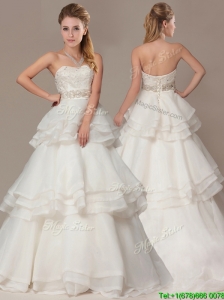 Beautiful A-line Brush Train Wedding Dresses with Beading and Ruffles Layers