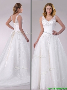 Beautiful A Line V Neck Court Train Wedding Dress with Beading and Sequins