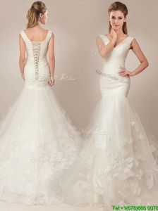 Beautiful Mermaid Deep V Neckline Wedding Dresses with Appilques and Ruching