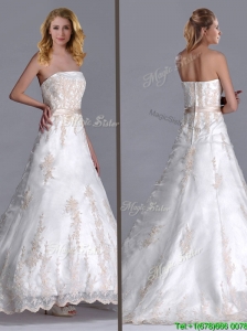 Beautiful Princess Strapless Applique and Belted Wedding Dress with Brush Train
