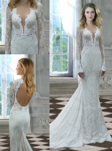 Beautiful Mermaid Deep V Neck Long Sleeves Wedding Dress in Lace