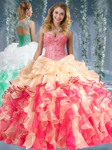 Beautiful Really Puffy Red and Champagne Beaded and Ruffled 15 Quinceanera Dress