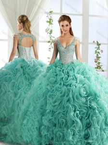 Sexy Deep V Neck Mint Detachable Quinceanera Skirt with Beading and Appliques