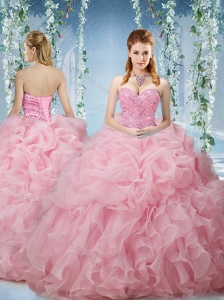 Perfect Baby Pink Brush Train Quinceanera Dresses Beaded and Ruffled