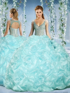 Perfect Cap Sleeves Beaded Light Blue Quinceanera Dress with Deep V Neck