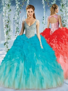 Perfect Deep V Neck Big Puffy Quinceanera Dress with Beaded Decorated Cap Sleeves