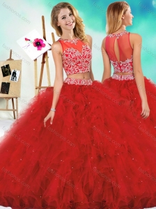 See Through Two Piece Red Perfect Quinceanera Dress with Beading and Ruffles