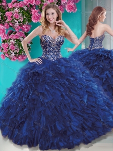 Luxurious Brush Train Navy Blue 15 Quinceanera Dress with Beading and Ruffles