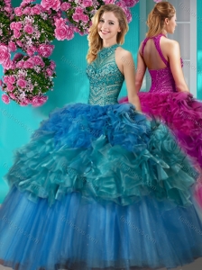 Unique Really Puffy Beaded and Ruffled Quinceanera Dresses with  Halter Top