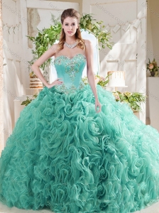 Luxurious Rolling Flower Big Puffy Mint Quinceanera Dresses with Beading