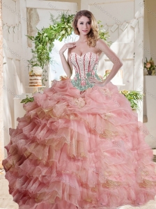 Fashionable Visible Boning Beaded Pink Quinceanera Dress in Organza