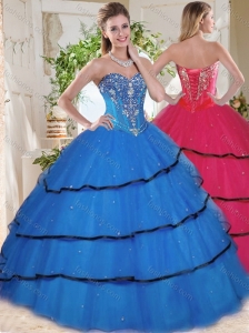 Wonderful Beaded and Ruffled Layers Blue Quinceanera Dress in Organza