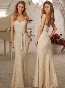 Exclusive Spaghetti Straps Beaded and Ribboned Cheap Dama Dress in Champagne