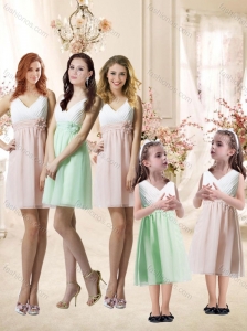 Fashionable V Neck Handle Made Flower Bridesmaid Dress in Apple Green and White