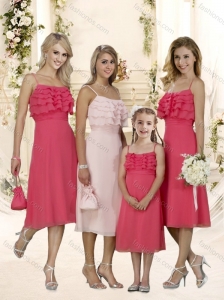 Lovely Straps Ruffles Layers Bridesmaid Dress with Tea Length