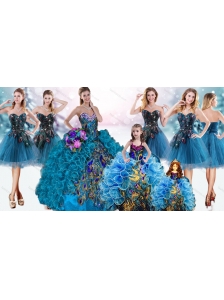Luxurious Beaded Top and Ruffled Peacock Quinceanera Dress and Pretty Puffy Skirt Mini Quinceanera Dress and Romantic Teal Short Dama Dresses