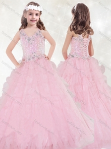 Discount V Neck Brush Train Little Girl Pageant Dress with Beading and Ruffled Layers