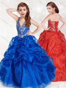 New Style Halter Top Blue Little Girl Pageant Dress with Beading and Pick Ups