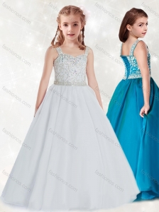 New Style  White Straps Little Girl Pageant Dress with Beading