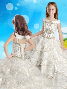 Discount Cap Sleeves Beaded Little Girl Pageant Dress with Off the Shoulder