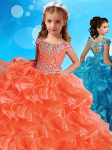 Fashionable Orange Little Girl Pageant Dress with Beaded Decorated Cap Sleeves