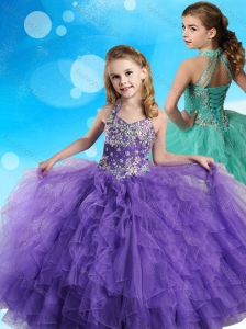 Halter Top Beaded and Ruffled Little Girl Pageant Dress in Eggplant Purple