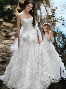 Wonderful Spaghetti Straps Wedding Dresses with Ruffles and Beautiful Straps Flower Girl Dress with Bowknot