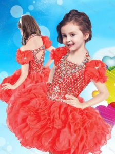 Inexpensive Halter Top Short Little Girl Mini Quinceanera Dress with Beading and Ruffles