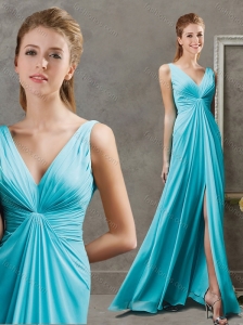 Deep V Neckline Aqua Blue Modest Prom Dress with Ruching and High Slit