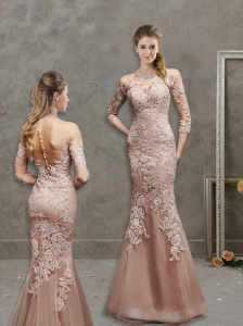 See Through Scoop Mermaid Peach Mother of the Bride Dress in Lace and Tulle