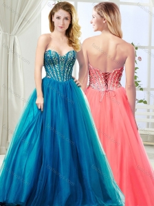 Most Popular Visible Boning Tulle Teal Modest Prom Dress with Beading