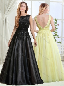 Perfect A Line Bateau Backless Laced Modest Prom Dress in Black
