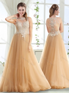 Popular See Through High Neck Champagne Evening Dress with Brush Train