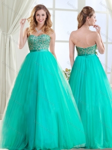 Sophisticated Beaded and Belted Tulle Evening Dress in Turquoise