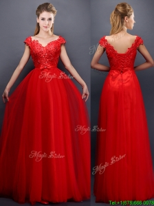 Classical Beaded V Neck Red Prom Dress with Cap Sleeves