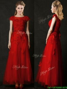 Elegant Empire Applique Red Prom Dress with Cap Sleeves