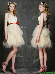 Most Popular V Neck Short Prom Dress with Belt and Ruffled Layers