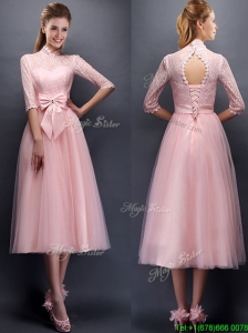 Luxurious Laced High Neck Half Sleeves Bridesmaid Dress with Bowknot
