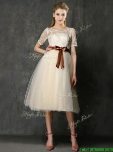 See Through Scoop Short Sleeves Bridesmaid Dress with Bowknot and Lace