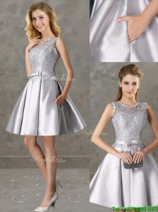 Classical Laced and Bowknot Scoop Bridesmaid Dresses in Silver